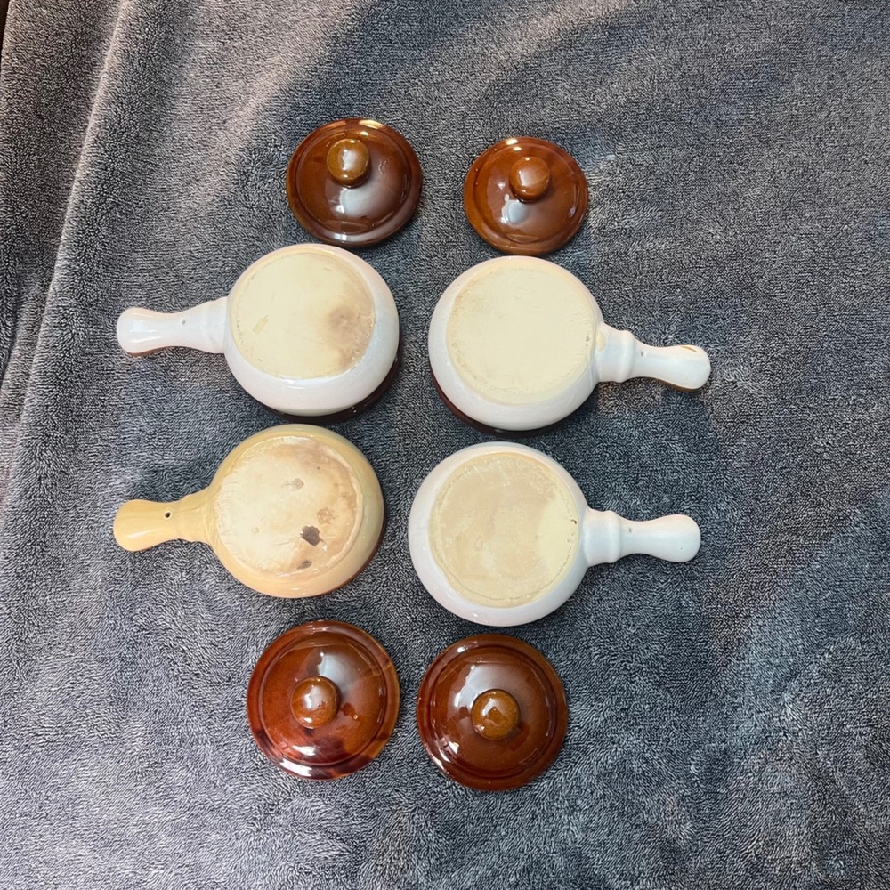 Vintage Set of 4 Brown Glazed Stoneware Soup Crocks with Lids and Handles - Picture 4 of 8